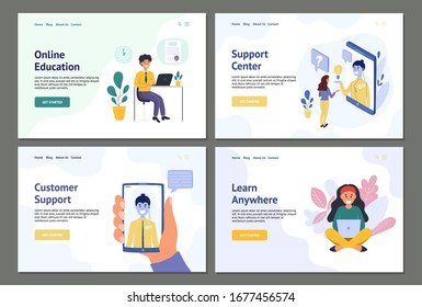 People online banner set. Landing page templates collection - online education, customer support, chatbot, online courses. Vector illustration