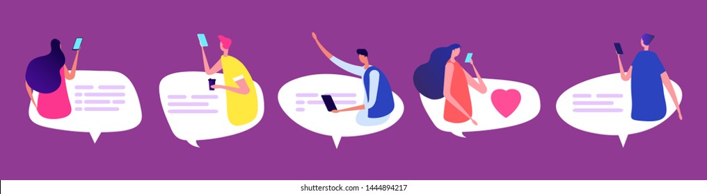 People Online Chatting. Men And Women With Speech Bubbles. Friendly International Chat Vector Illustration. Online Chatting People, Woman And Man Speech Community