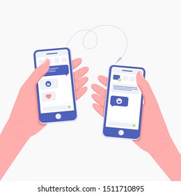 Concepto de comunicación en línea de la gente. Dos personas con los smartphones. Mensajes de chat o de envío. Escribir un nuevo mensaje usando la aplicación de chat telefónico. Comunicación móvil. Estilo moderno y plano. Vector