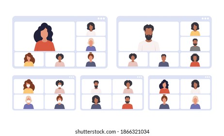 People at an online conference. Application window with conference. Isolated. Vector illustration.