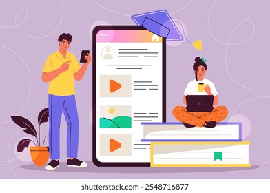 People with online education. Man and woman near huge smartphone and books. Students prepare for test or exam. Remote education and training, learning. Flat vector illustration