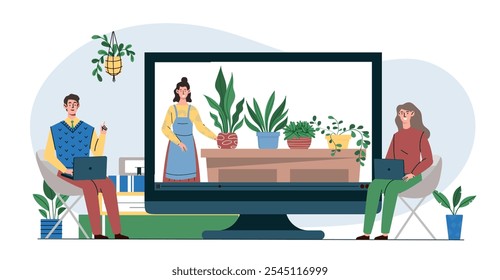 Pessoas com florista online. Homem e mulher assistindo vídeo de menina jovem com vasos de flores. Jardinagem, botânica e horticultura. Ilustração de vetor plano isolada no plano de fundo branco