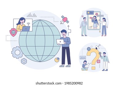 People online, interacting with people abroad, looking at influencers' social networks and asking questions next to huge question marks. Outline flat design style minimal vector illustration set.