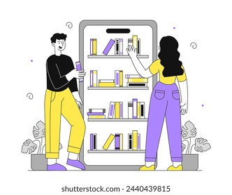 Personas con biblioteca en línea lineal. Hombre y mujer cerca de smartphone con libros, libros de texto y ficciones. Escuela, colegio o universidad. Doodle ilustración vectorial plana aislada sobre fondo blanco