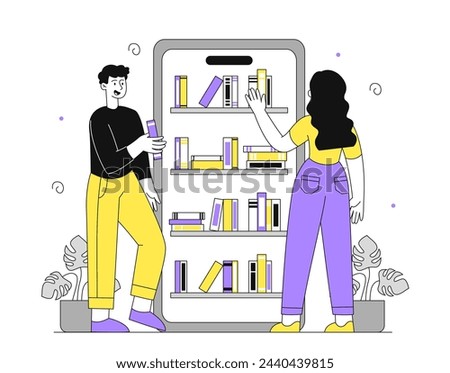 People with online library linear. Man and woman near smartphone with books, textbooks and fictions. School, college or university. Doodle flat vector illustration isolated on white background