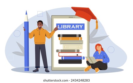 People with online library. Man with huge pencil near smartphone with textbooks and fiction. Distant education and training, learning. Cartoon flat vector illustration isolated on white background