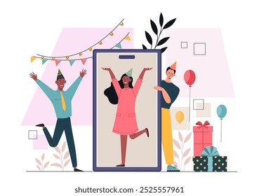 People with online party. Men and women near smartphone screen. Holiday and festival. Friends at party and meeting, event. Flat vector illustration isolated on white background