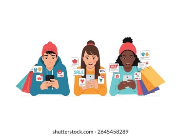 Personas de compras en línea con teléfonos móviles