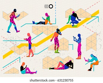 People online social networking. People using gadgets illustration. Simple straight line silhouettes on textured background 