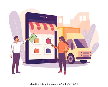 People in online store. Happy couple select and pay for purchases with card in mobile application, internet shopping process, delivery truck, cartoon flat isolated vector concept