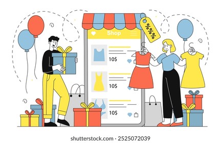 People with online store. Man with gift box and woman with dresses near smartphone. Consumer and customer buy apparel on internet. Discount and sale, promotion. Linear vector illustration