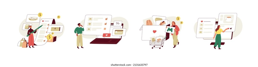 People with online wishlists, watchlists set. Customers adding clothes to shopping cart, saving wishes in internet accounts on web sites. Flat vector illustrations isolated on white background