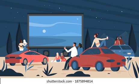 People in open air car cinema theater vector illustration. Cartoon cars on parking, driver characters sitting, watching film on big screen of auto drive movie event at night, cinematography background