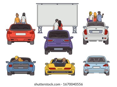 People in open air cinema sketch cartoon vector illustration isolated on white background. Retro popular night entertainment with movie watching from parked cars.