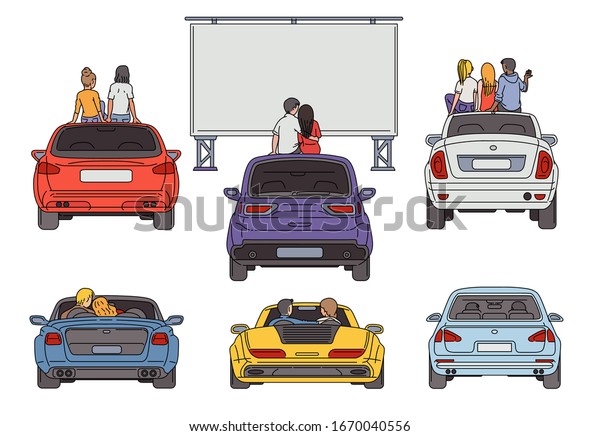 People in open air cinema\
sketch cartoon vector illustration isolated on white background.\
Retro popular night entertainment with movie watching from parked\
cars.