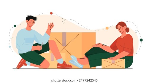 Las Personas abren cajas. Hombres y mujeres desembalan paquetes y cajas de cartón. Los amigos reciben regalos, regalos o bienes. Compras en línea y entrega a domicilio. Ilustración vectorial plana aislada sobre fondo blanco
