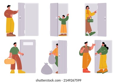 People open and close doors, men, women and kids persons enter open doorway. Isolated male and female characters leave home, lock with key, meet guest, throw garbage, Linear vector illustration, set