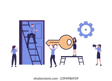 people open the door with a key, lock flat style illustration vector design