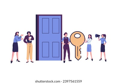 las personas abren la puerta con una llave, una cerradura, haciendo las llaves urgentemente ilustración plana del vector