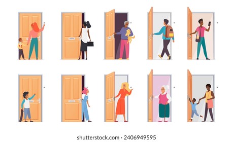 People open door set. Diverse young and old, male and female characters opening door, leaving or entering room at home or office, standing to knock or ring doorbell cartoon vector illustration