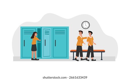 Personas abrir casillero. Actividad escolar. Taquillas de estudiantes. Estudiante hablando.