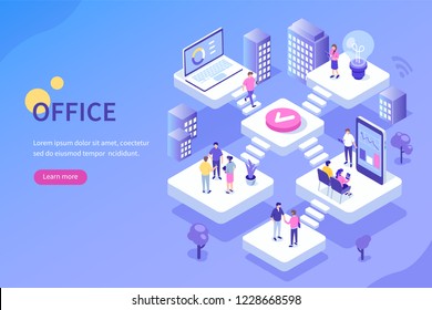 People in open space office concept design. Can use for web banner, infographics, hero images. Flat isometric vector illustration isolated on white background.