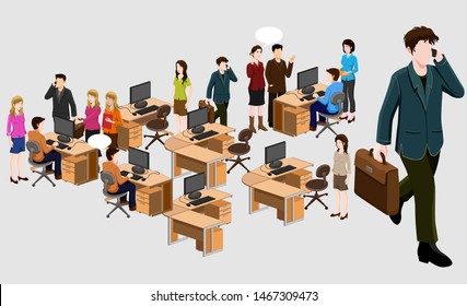 People in open space office concept design. Can use for web banner, infographics, hero images. cartoon isometric vector illustration isolated on white background. - Vector