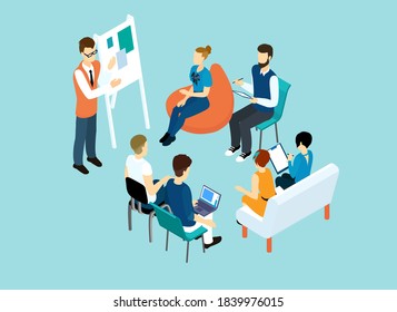 People in open space office concept design. Isometric people teamwork set with business presentation conference coworking workplace brainstorming and discussion isolated vector illustration.