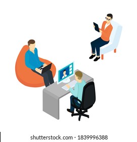 People in open space office concept design. Isometric people teamwork set with business presentation conference coworking workplace brainstorming and discussion isolated vector illustration.