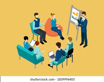 People in open space office concept design. Isometric people teamwork set with business presentation conference coworking workplace brainstorming and discussion isolated vector illustration.