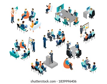 People in open space office concept design. Isometric people teamwork set with business presentation conference coworking workplace brainstorming and discussion isolated vector illustration.