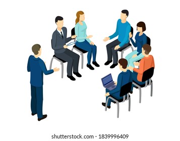 Personas en diseño de concepto de oficina en espacios abiertos. Grupo de trabajo de personas isométricas con conferencia de presentación de negocios, trabajo de coworking de intercambio de ideas y discusión ilustraciones vectoriales aisladas.