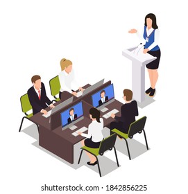 People in open space office concept design. Isometric people teamwork set with business presentation conference coworking workplace brainstorming and discussion isolated vector illustration.