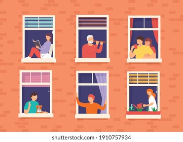 People in open window spaces home. Concept living neighbors in apartment building in big city. Neighbors drinking coffee, talking, read books and rest.