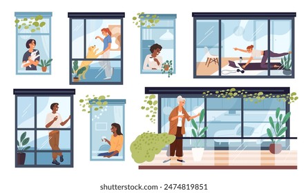 People in open windows. Neighbors in apartments doing different things. View through glass. Man caring of plants. Building terraces. Woman sitting at home windowsill