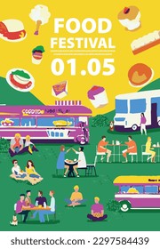 People at open-air food festival with , tents and food trucks. Crowd at summer concert in nature for adults and children. Flat vector illustration of outdoor live performance public entertainment part