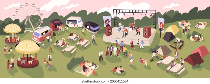 People at open-air music festival with rock band on stage, tents and food trucks. Crowd at summer concert in nature for adults and children. Flat vector illustration of outdoor live performance.