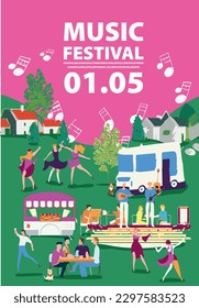 People at open-air music festival with rock band on stage, tents and food trucks. Crowd at summer concert in nature for adults and children. Flat vector illustration of outdoor live performance. poste