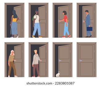 People opening door set. Collection of men and women in doorway. Young guys and girls leave and come home. Entrance to room or office. Cartoon flat vector illustrations isolated on white background