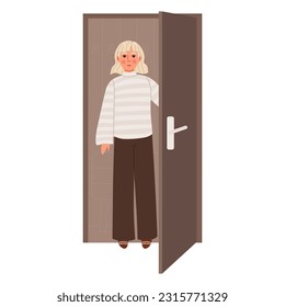 People opening doors, entering, exiting home. Leaving home, come back to office. Open close doors