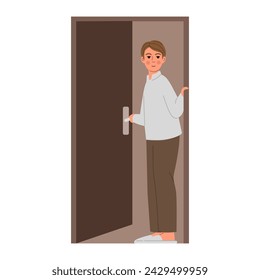 People opening doors, entering, exiting home. Leaving home, come back to office. Open close doors