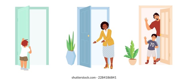 People opening doors of house vector scene set. Little child, woman realtor agent and happy family father with son invites guests illustration. Cartoon characters and exit or entrance doorway