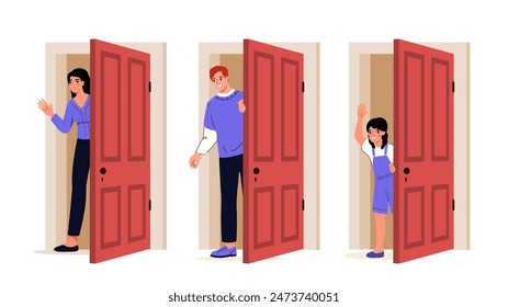 Personas que abren puertas. Hombre, mujer y chica abren puertas. Las Personas vienen o van a casa. Personajes en puertas, entradas. Colección de Vector plana de dibujos animados aislada sobre fondo blanco