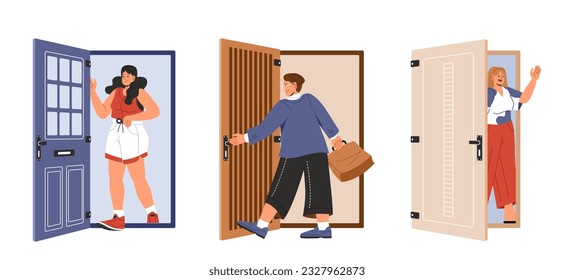 People opening doors set. Men and women go or come home. Apartment and real estate. Characters going through apartment entries. Cartoon flat vector collection isolated on white background