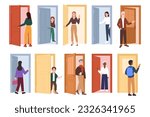 People opening doors set vector illustration. Cartoon isolated young and old male and female characters standing at open and closed doors of office or home, holding knock, entering or leaving building