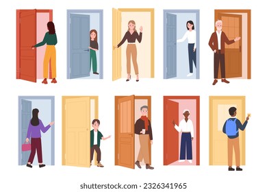 People opening doors set vector illustration. Cartoon isolated young and old male and female characters standing at open and closed doors of office or home, holding knock, entering or leaving building