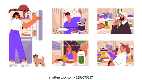 People opening fridges, looking inside, choosing eating. Hungry men, women checking refrigerators with food products, groceries, nutrition. Flat vector illustrations set isolated on white background.