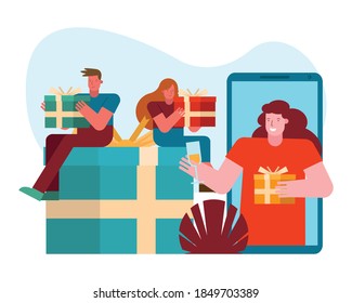 people opening gifts in smartphone characters scene vector illustration design