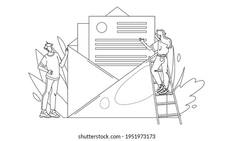 People Opening And Reading Email Message Black Line Pencil Drawing Vector. Young Man And Woman Open And Read Electronic Mail Message. Characters With Letter Social Internet Communication Illustration