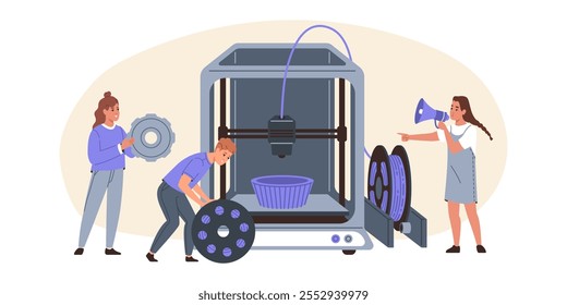 People operate and maintain 3d printer. Owners service 3d printing equipment.